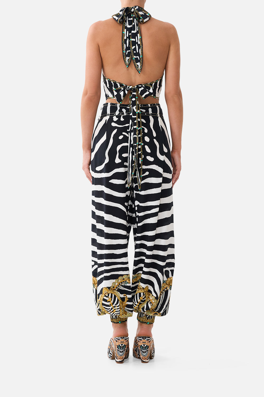 The CAMILLA Asymmetrical Belted Pant in our Zig Zag Zoo print, back view on model.