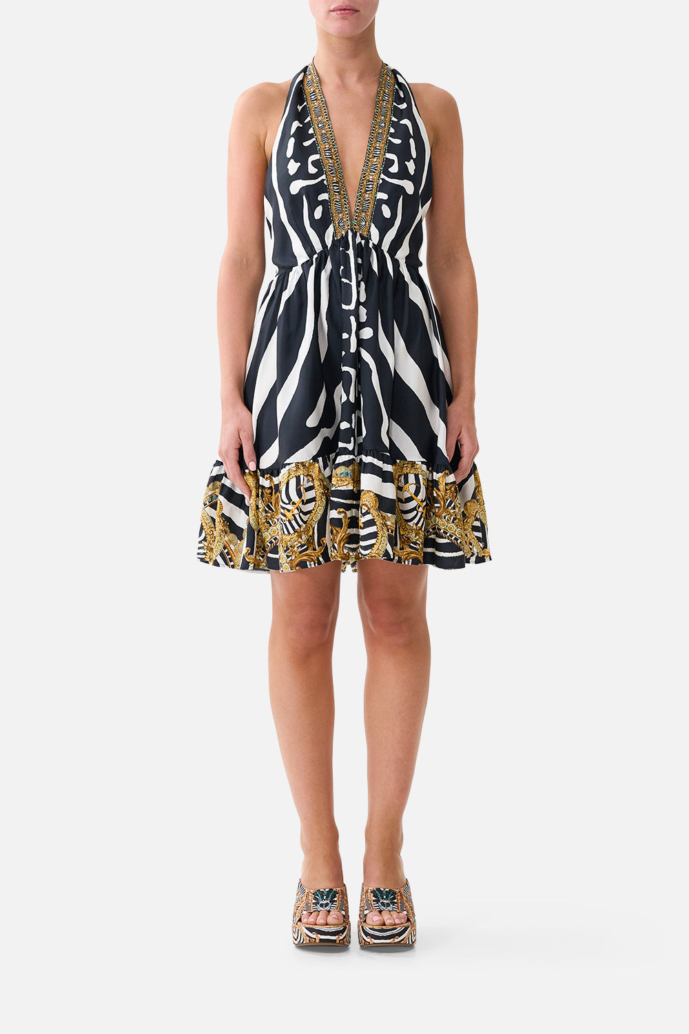 The CAMILLA Ruffle Hem Halter Short Dress in our Zig Zag Zoo print, front view on model.