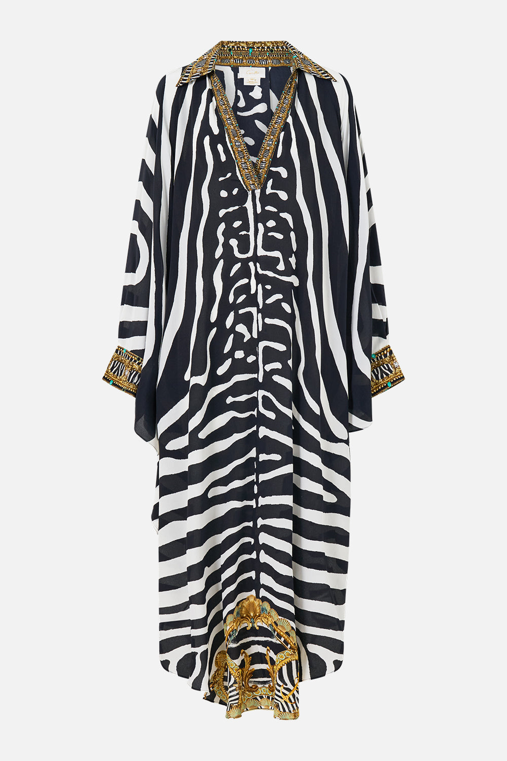 The CAMILLA Long Kaftan with Button Cuff in our Zig Zag Zoo print, front view.