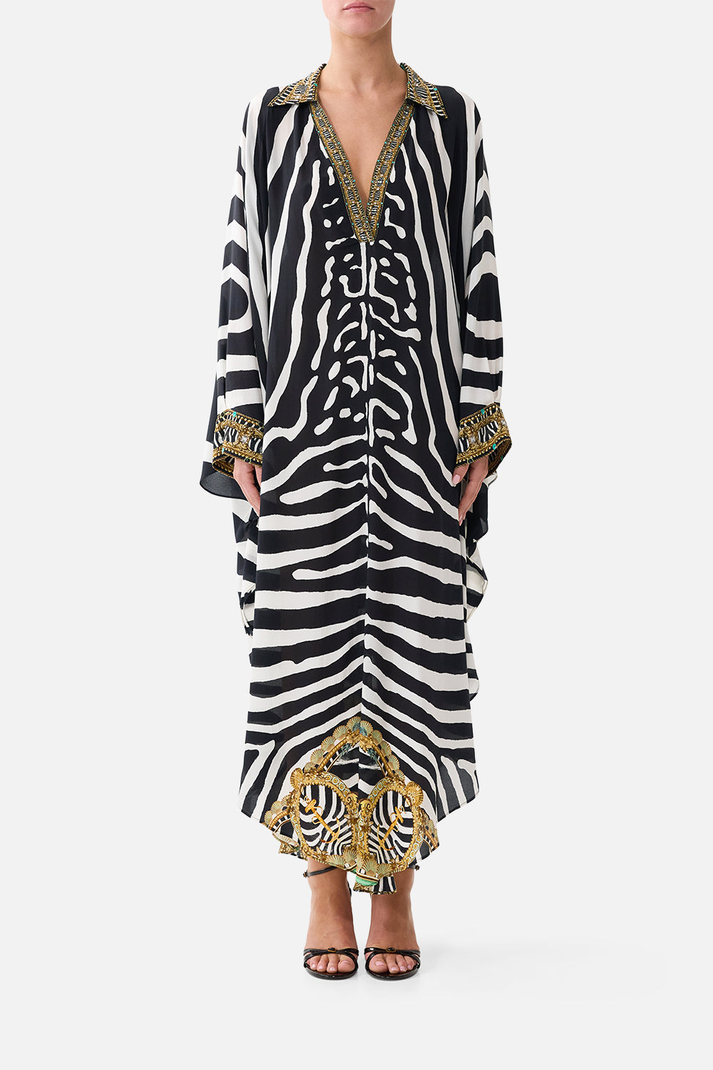 The CAMILLA Long Kaftan with Button Cuff in our Zig Zag Zoo print, front view on model.