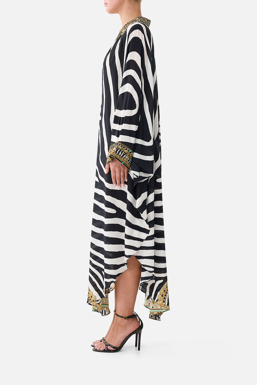 The CAMILLA Long Kaftan with Button Cuff in our Zig Zag Zoo print, side view on model.