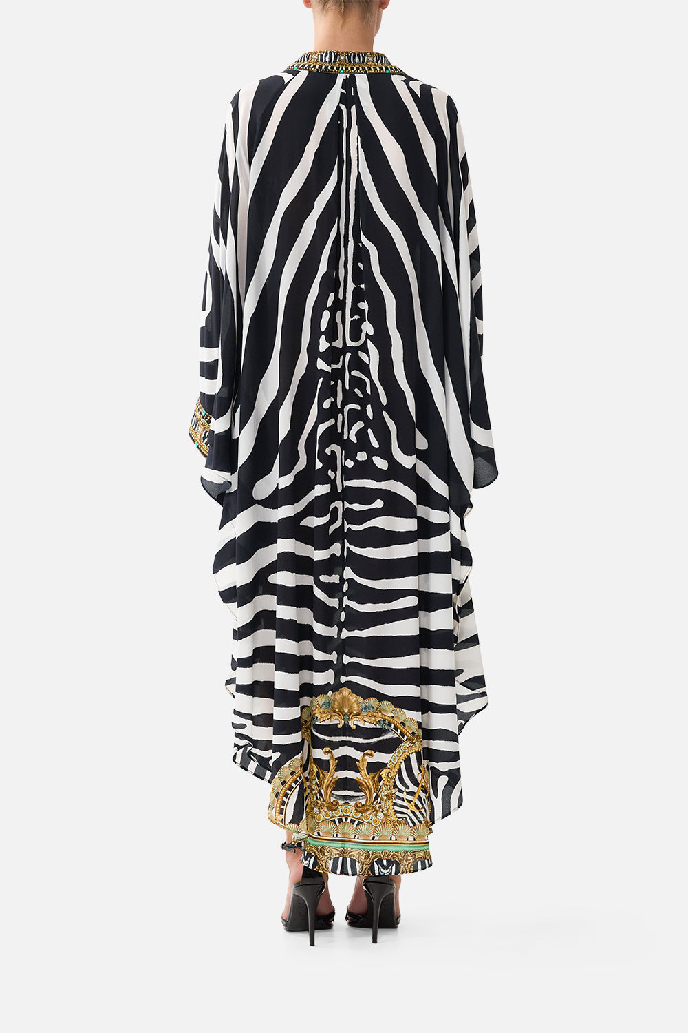 The CAMILLA Long Kaftan with Button Cuff in our Zig Zag Zoo print, back view on model.