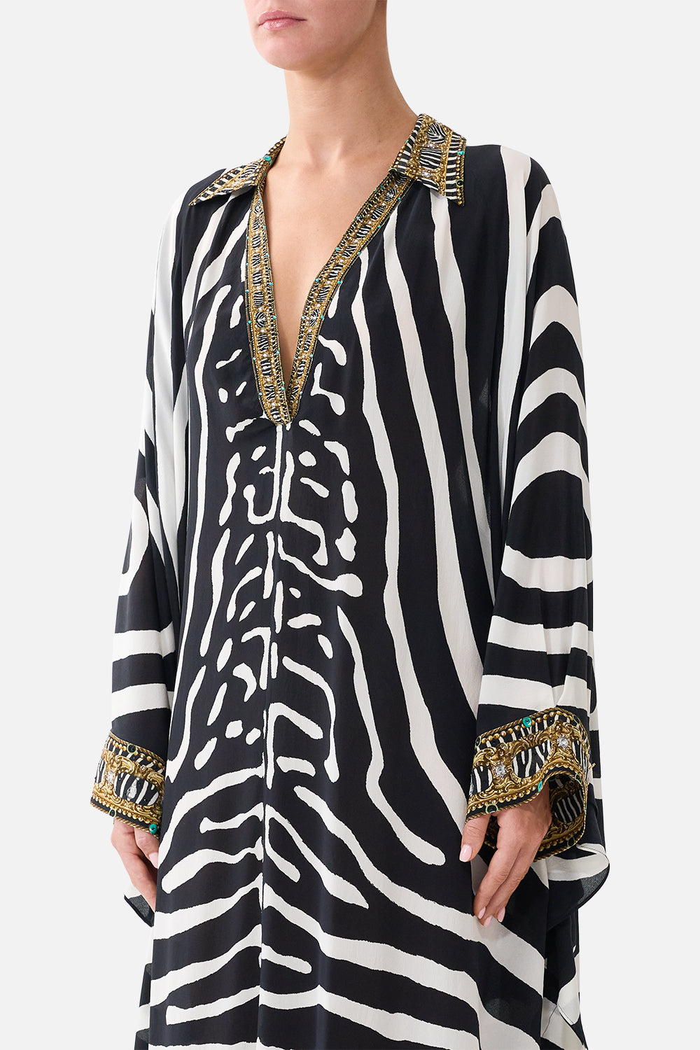 The CAMILLA Long Kaftan with Button Cuff in our Zig Zag Zoo print, detail view on model.