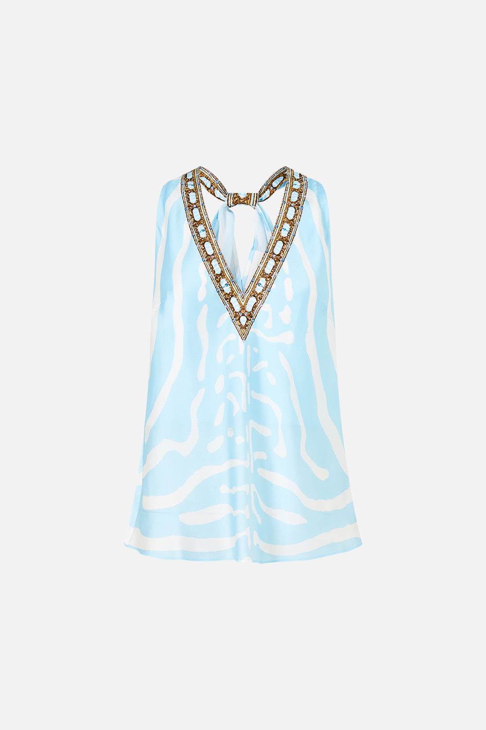 The CAMILLA V Neck Top with Knot Back in our Spirit of Stripes print, front view.