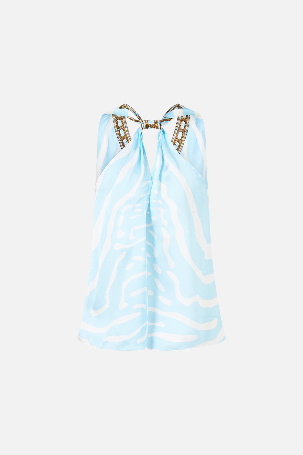 The CAMILLA V-Neck Top With Knot Back in Print Spirit of Stripes. Ghost View Back