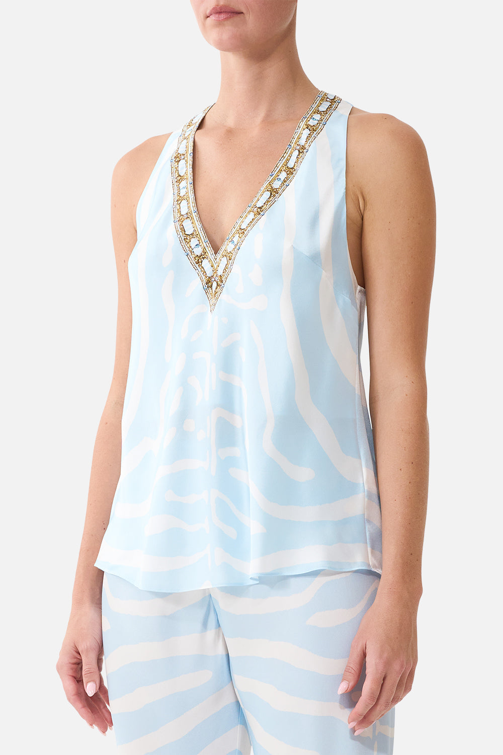 The CAMILLA V-Neck Top With Knot Back in Print Spirit of Stripes. Model View