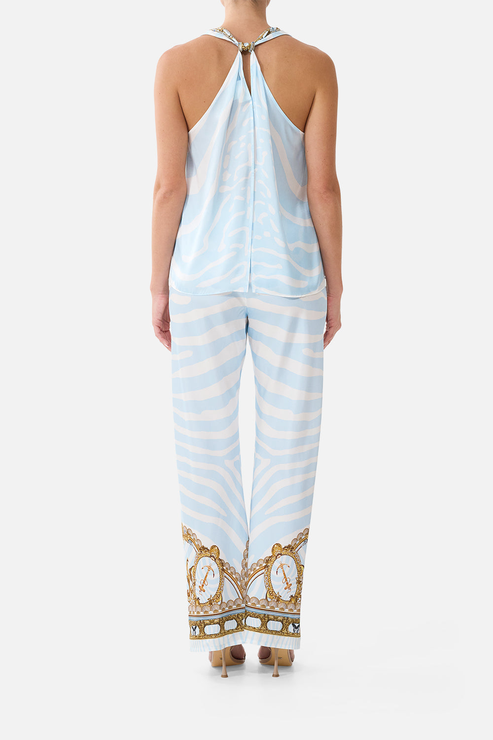 The CAMILLA Bias Cut Drawstring Pant in Print Spirit of Stripes. Model View