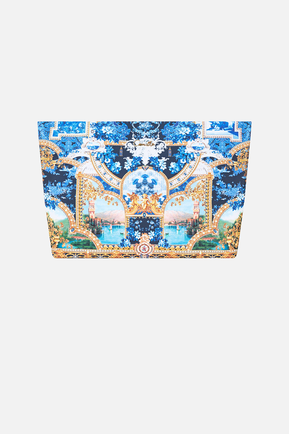 The CAMILLA Large Makeup Clutch in Print Sweet Sacre Bleu. Ghost View Front