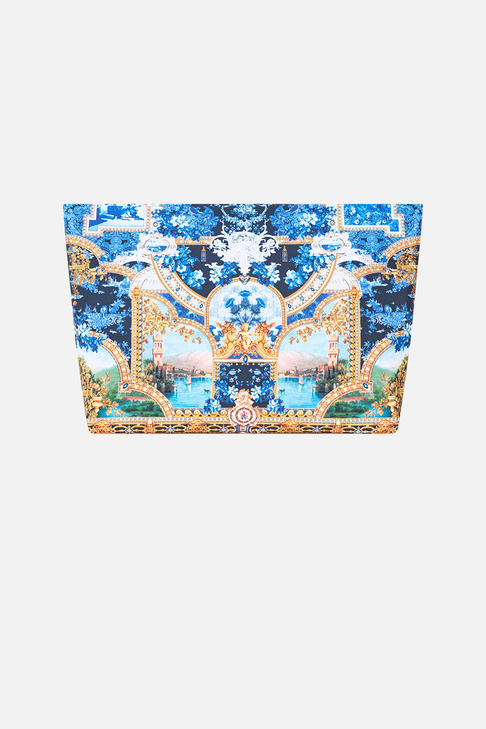 The CAMILLA Large Makeup Clutch in Print Sweet Sacre Bleu. Ghost View Back