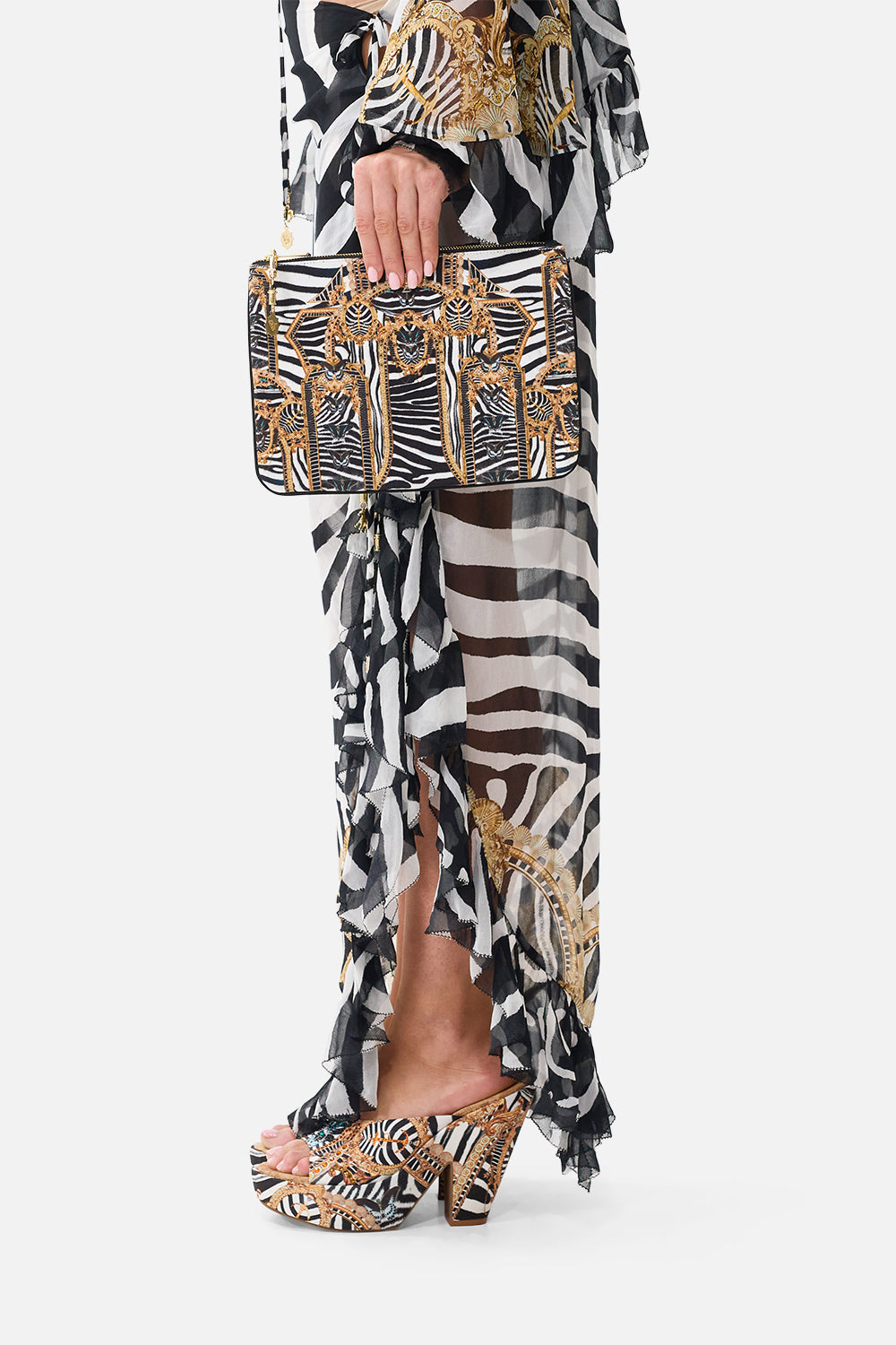 The CAMILLA Small Canvas Clutch in Print Zig Zag Zoo. Model View