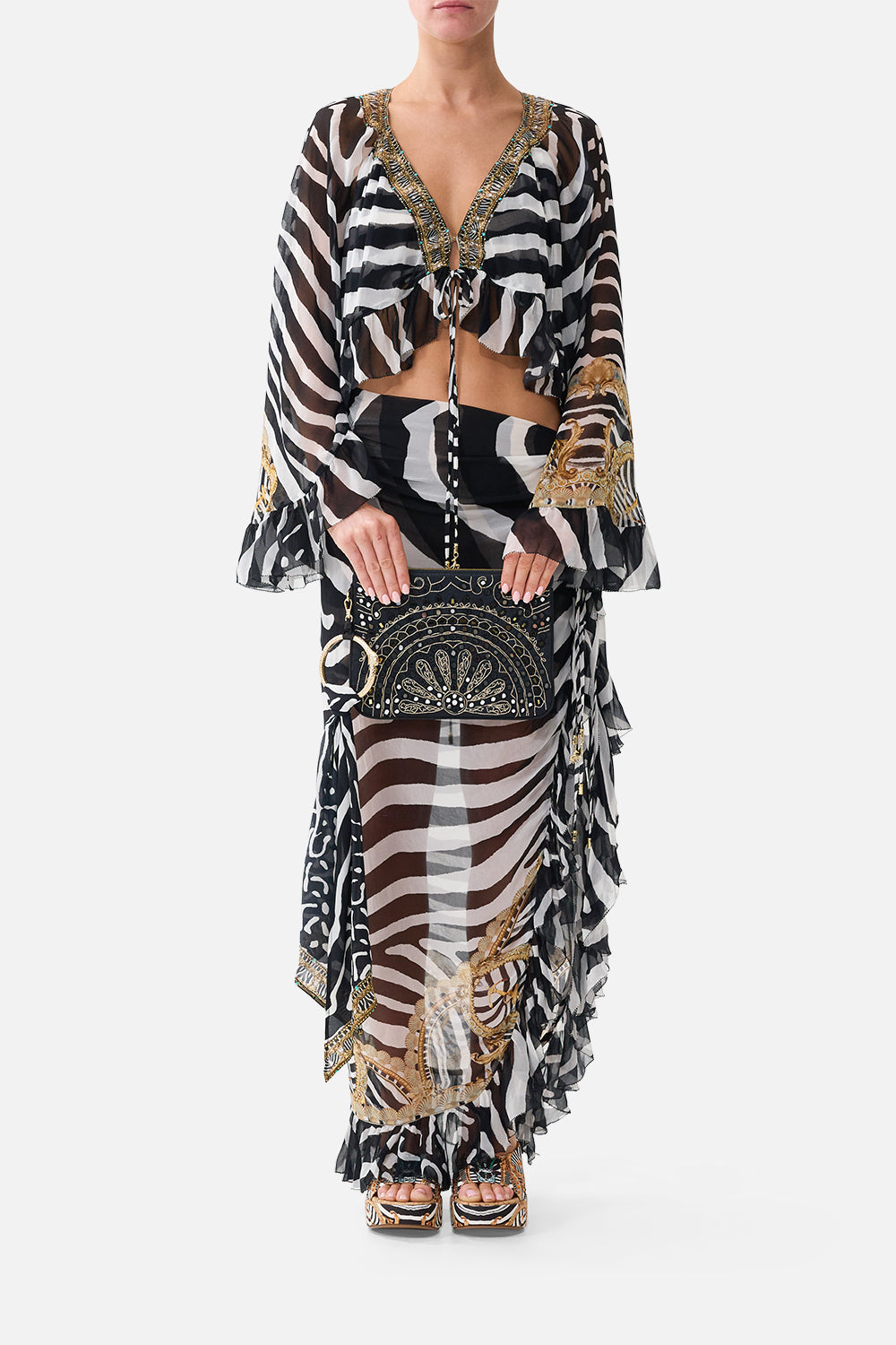 The CAMILLA Ring Scarf Clutch in our Zig Zag Zoo print, front view on model.
