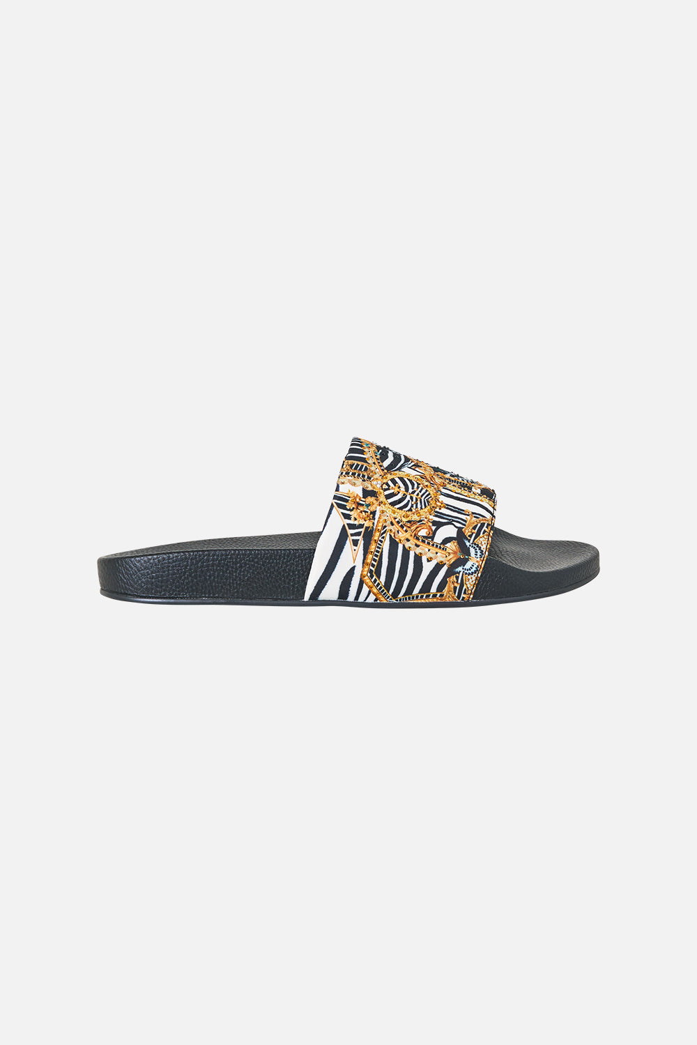 The CAMILLA Amelia Pool Slides in our Zig Zag Zoo print, front view.