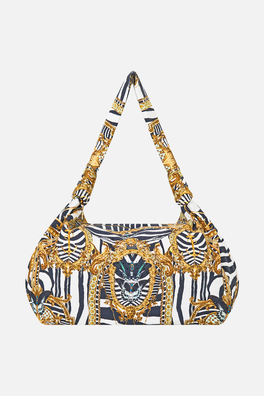 The CAMILLA Slouch Shoulder Bag with Knot Details in our Zig Zag Zoo print, front view.