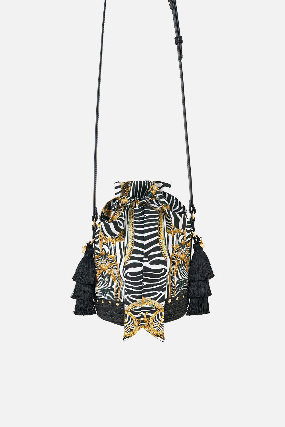 The CAMILLA Tie Top Bucket Bag With Tassels in Print Zig Zag Zoo. Ghost View Front