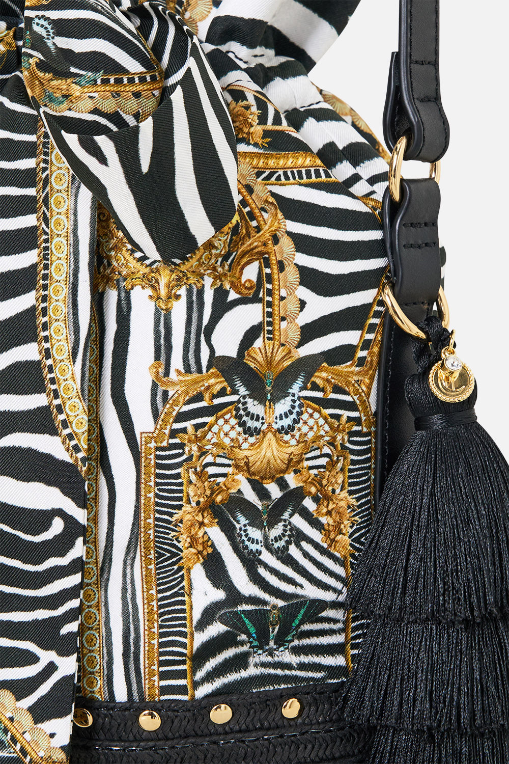 The CAMILLA Tie Top Bucket Bag with Tassels in our Zig Zag Zoo print.