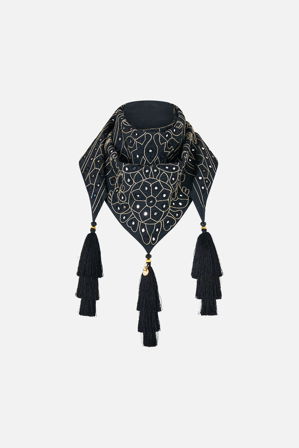 The CAMILLA Triangle Scarf With Tassels in Print Zig Zag Zoo. Ghost View Back