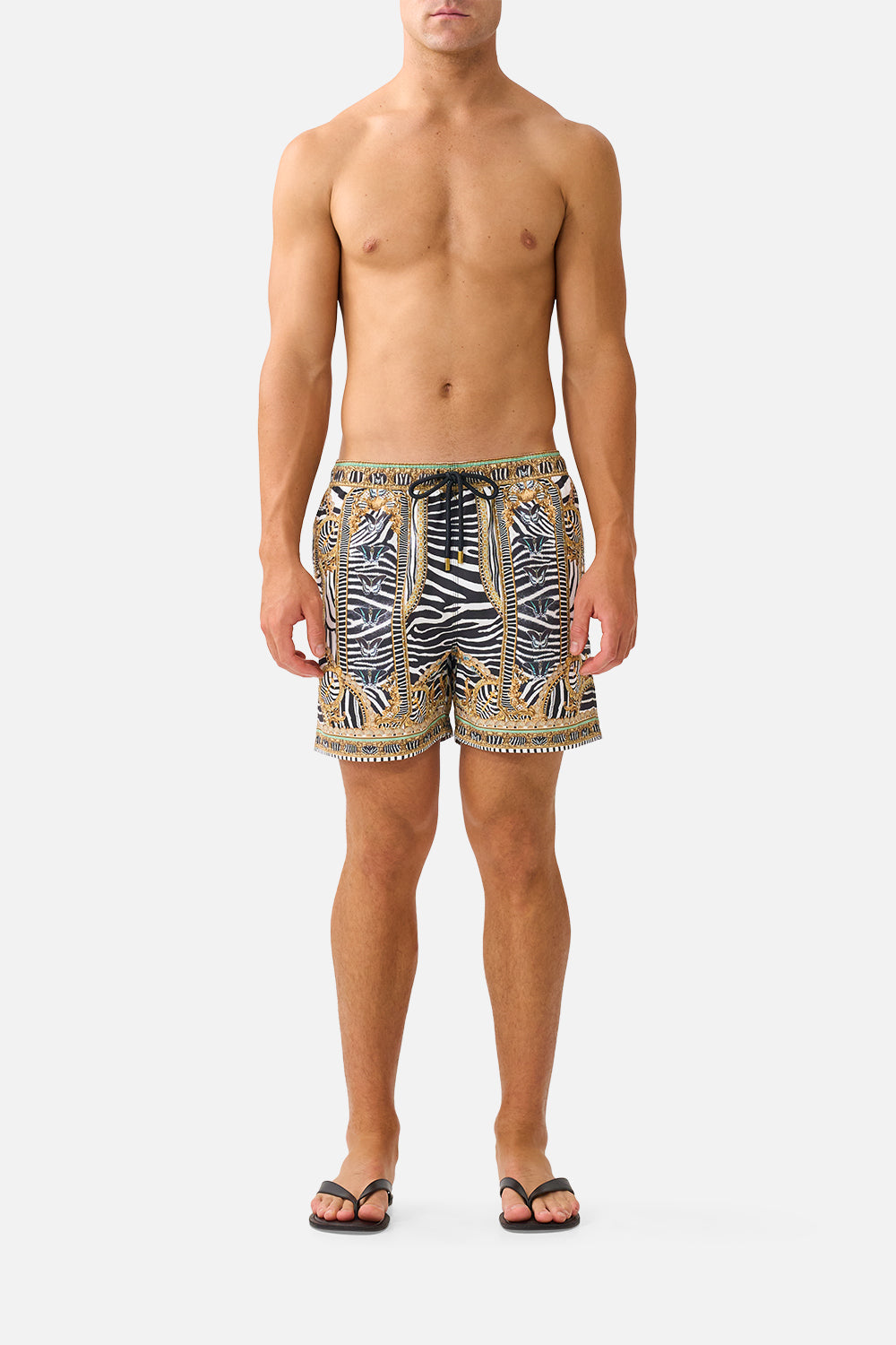 The CAMILLA Mid Length Boardshort With Elastic Waist in Print Zig Zag Zoo. Model View