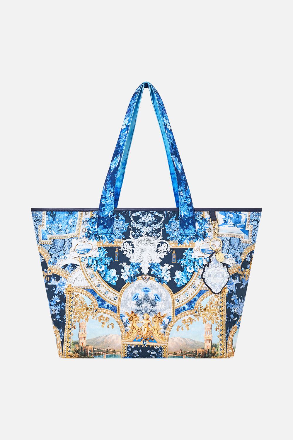The CAMILLA Reversible Tote with Coin Purse in our Sweet Sacré Bleu print, front view.
