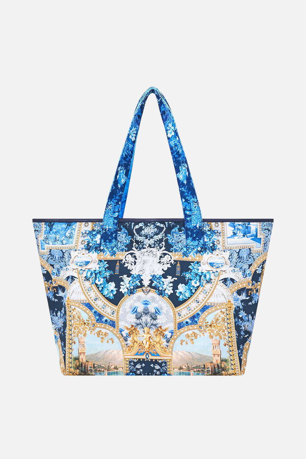 The CAMILLA Reversible Tote with Coin Purse in our Sweet Sacré Bleu print, back view.