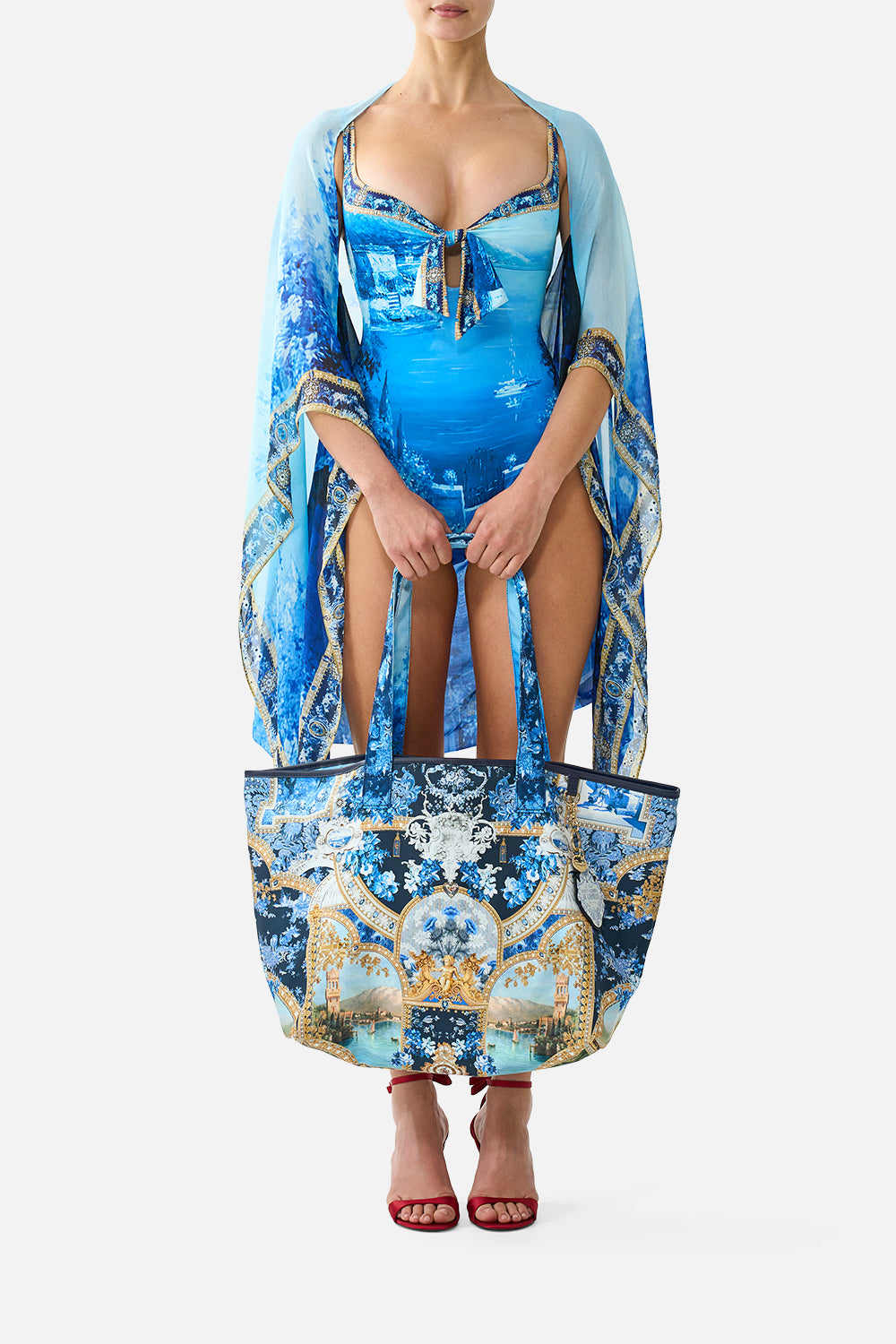 The CAMILLA Reversible Tote with Coin Purse in our Sweet Sacré Bleu print, front view on model.