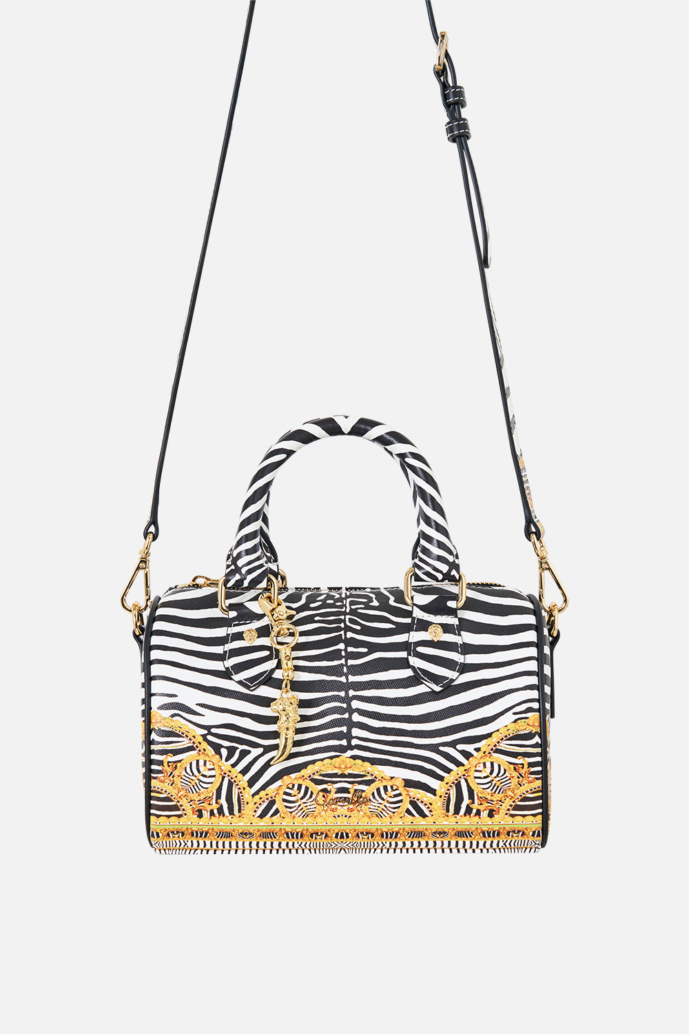 The CAMILLA Barrel Bag with Leather Trims in our Zig Zag Zoo print, front view.
