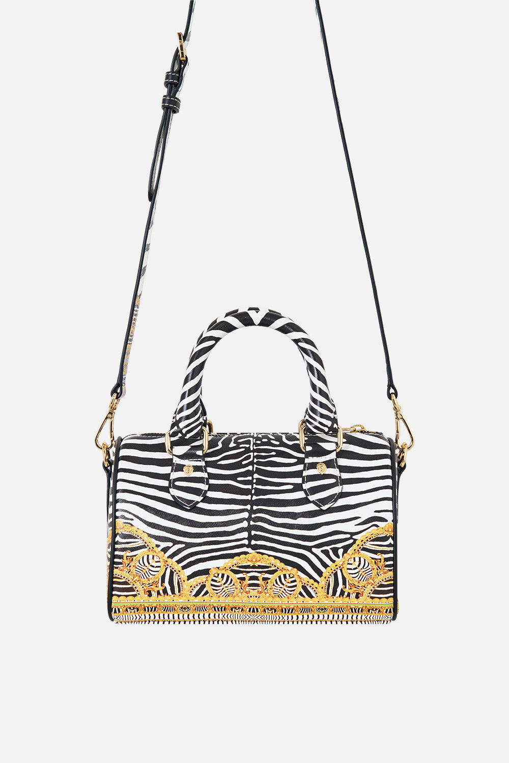 The CAMILLA Barrel Bag with Leather Trims in our Zig Zag Zoo print, back view.