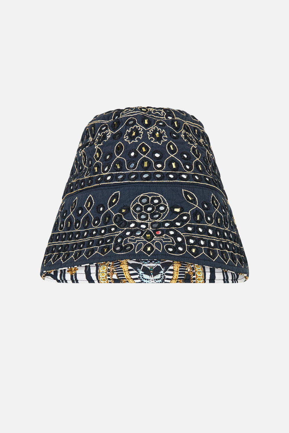 The CAMILLA Embellished Bucket Hat in Print Zig Zag Zoo. Ghost View Front