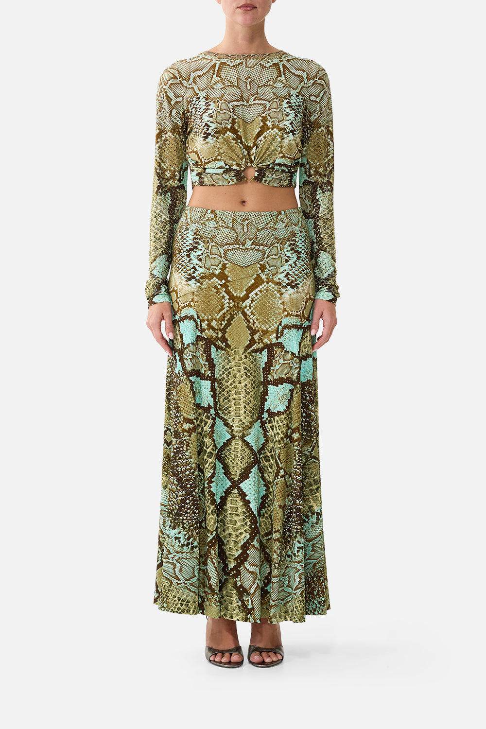The CAMILLA Jersey Long Sleeve Top With Hardware in Print My Sweet Serpentine. Model View