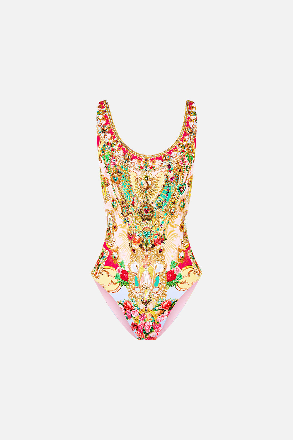 MAILLOT DE BAIN UNE PIÈCE À BRETELLES LARGES ET COL ROND AVEC DOS ÉCHANCRÉ ET MOTIF PRIÈRES PEINTES