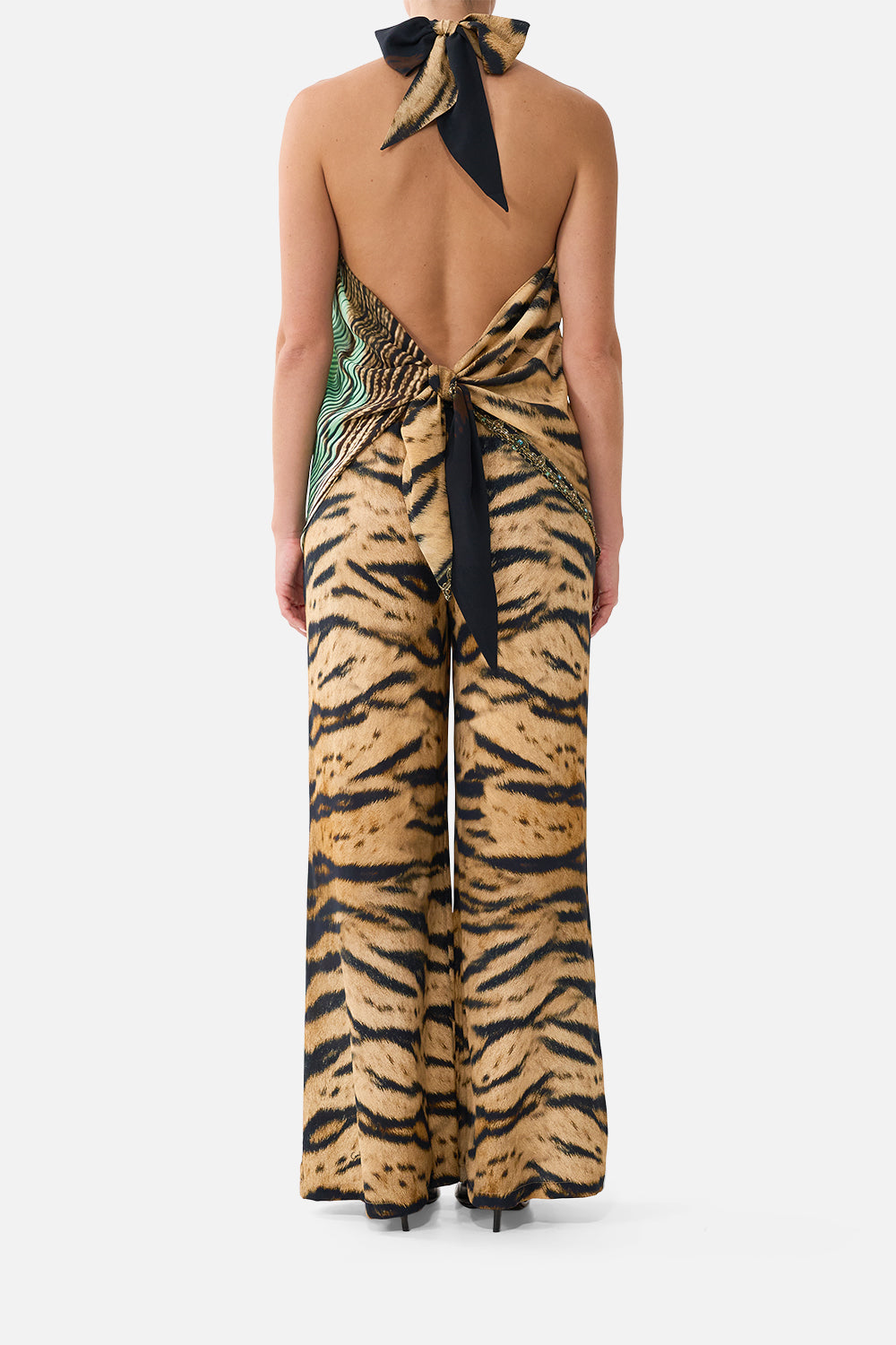 The CAMILLA Scarf Tie Top in our A Wink to the Wild print, back view on model.