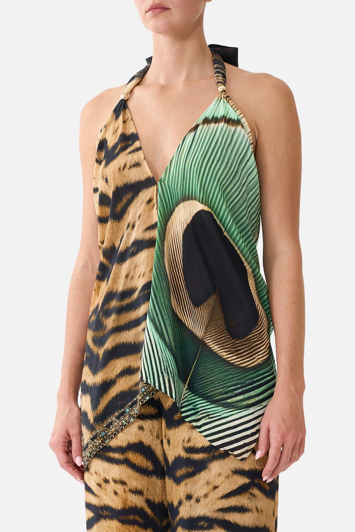 The CAMILLA Scarf Tie Top in our A Wink to the Wild print, detail view on model.