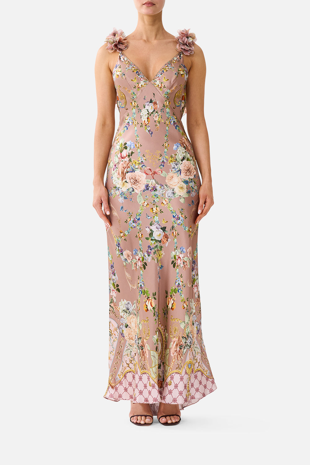 ROBE FLUIDE BIAS ENCOLURE EN V VOLANT AU DOS CHAMBER OF BLOOMS