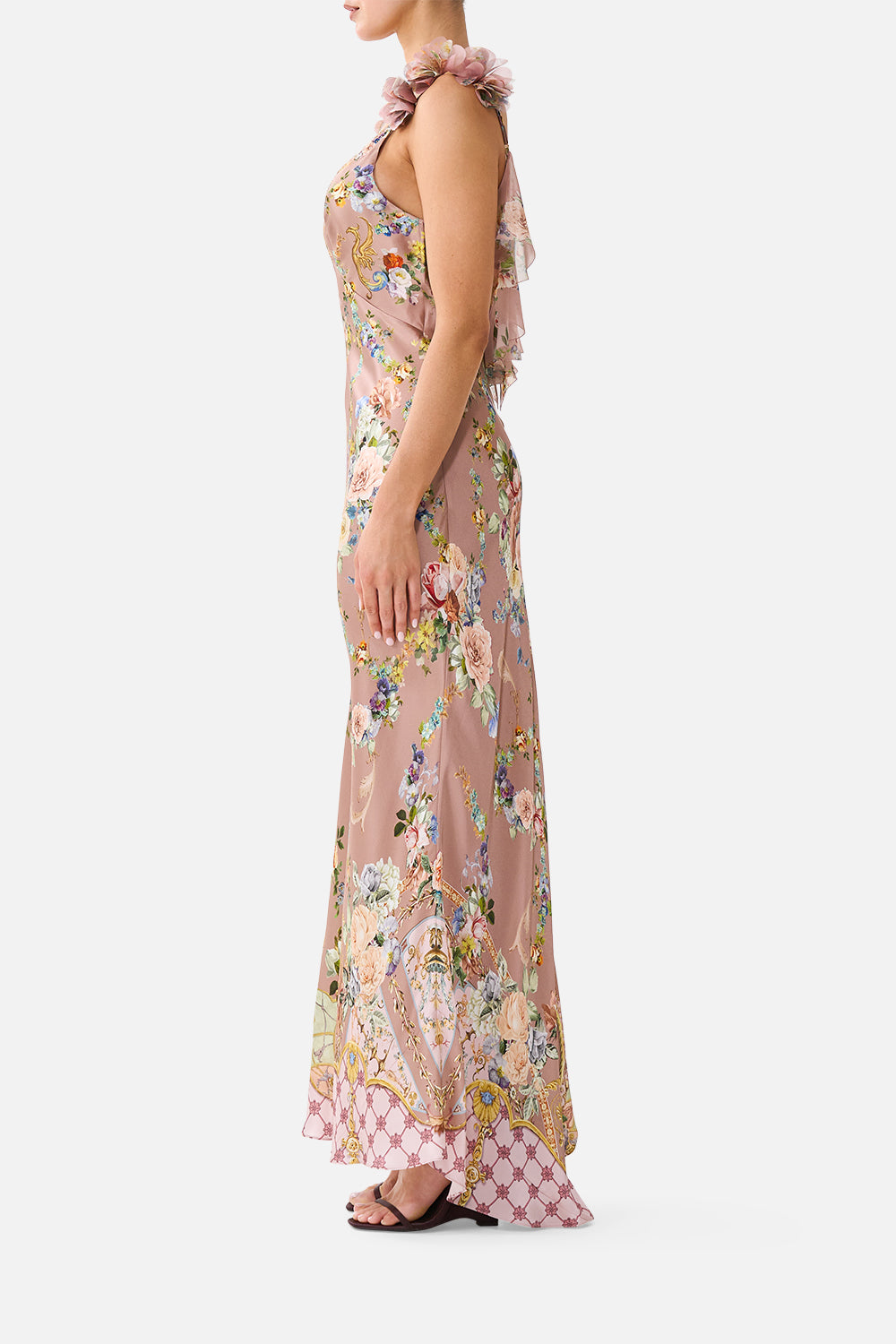 ROBE FLUIDE BIAS ENCOLURE EN V VOLANT AU DOS CHAMBER OF BLOOMS