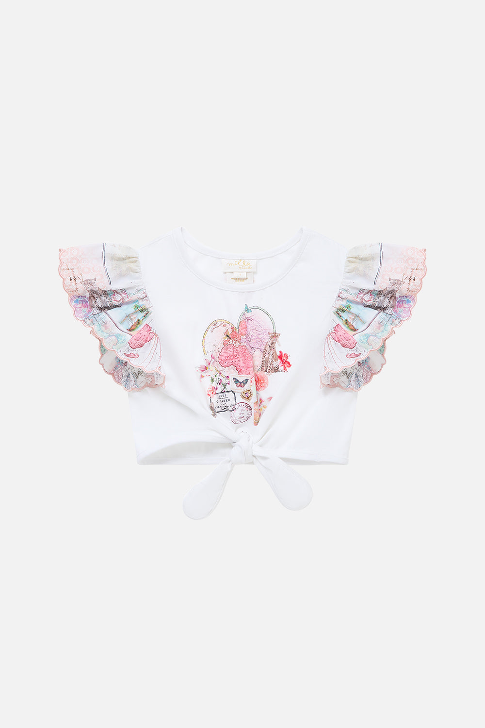 KIDS TIE FRONT CROP TEE W FRILL SLEEVE JOURNAL DE VOYAGE