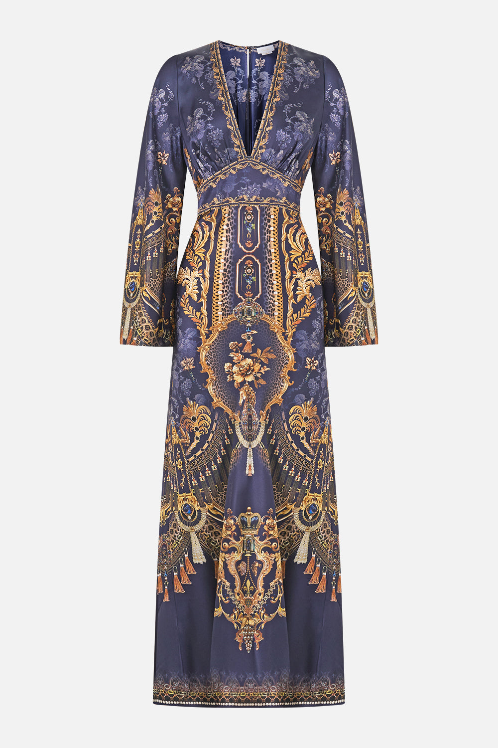 The CAMILLA V Neck Dress with Flared Sleeve in our Cloaked in Baroque print, front view.