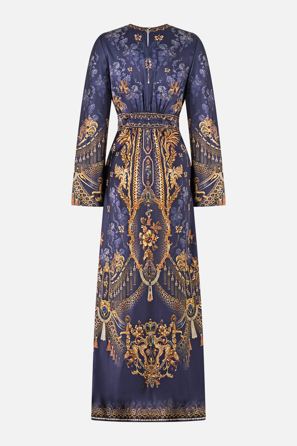 The CAMILLA V Neck Dress with Flared Sleeve in our Cloaked in Baroque print, back view.
