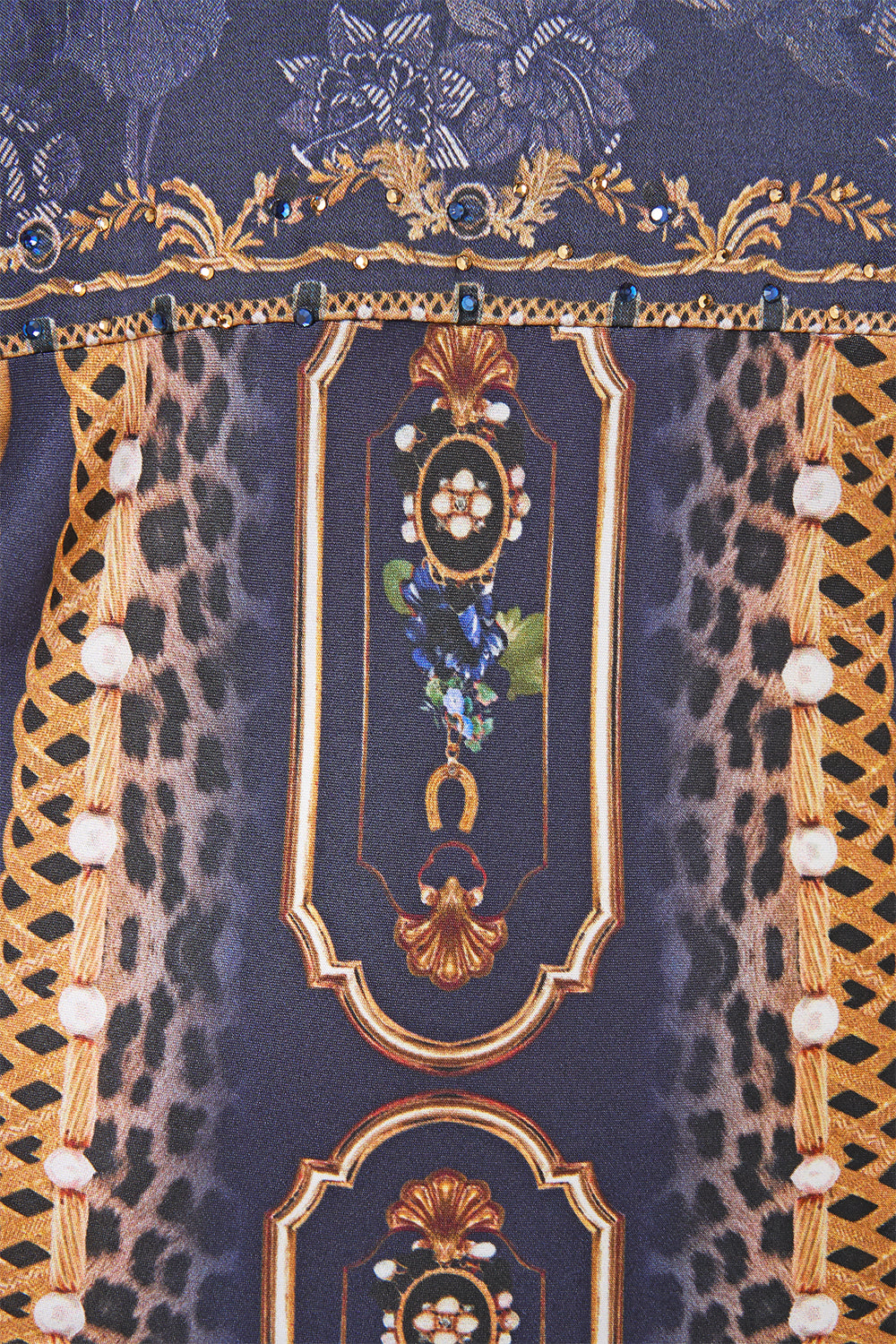 The CAMILLA V Neck Dress with Flared Sleeve in our Cloaked in Baroque print, fabric detail.