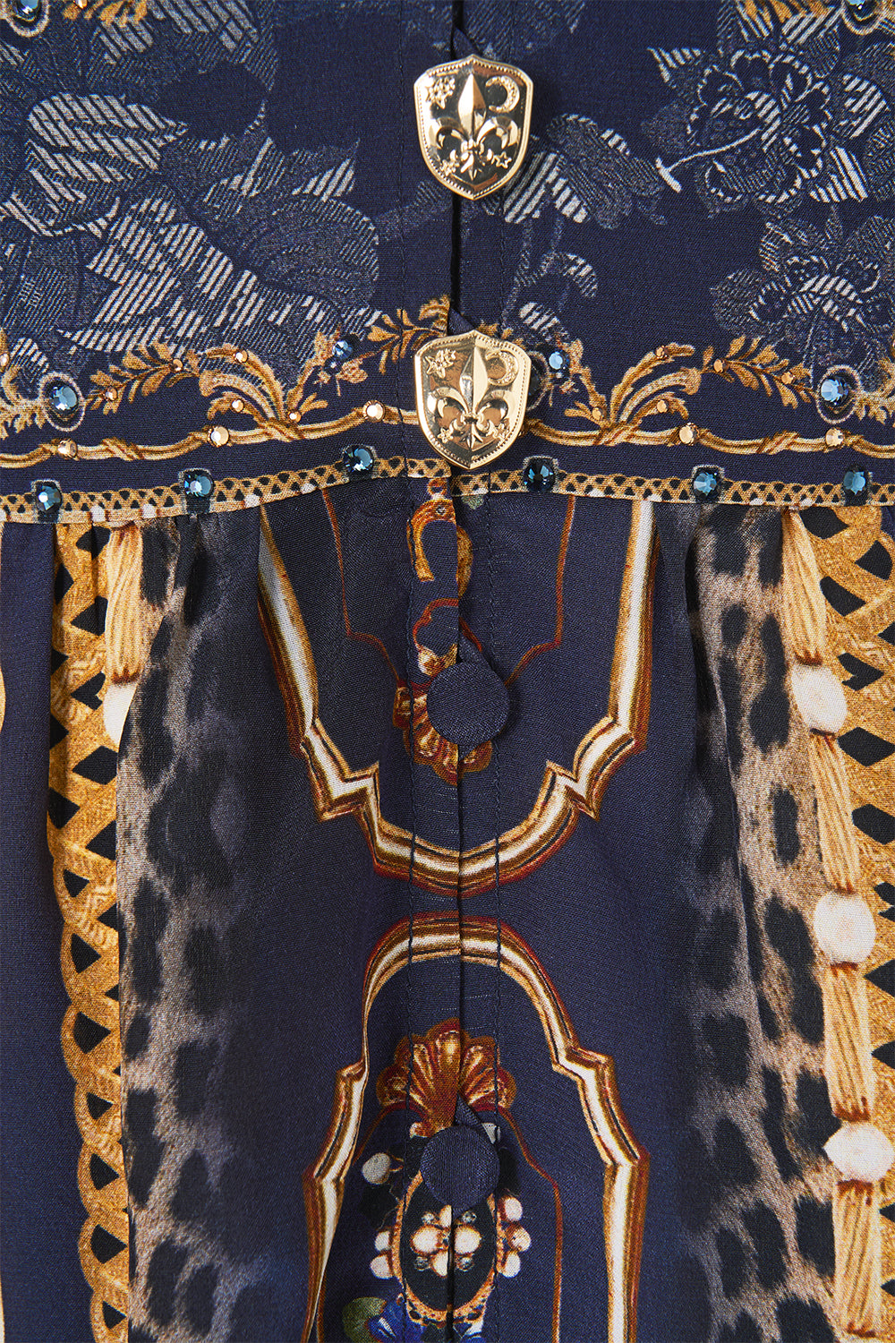 The CAMILLA Button Front Frill Dress in our Cloaked in Baroque print, fabric detail.