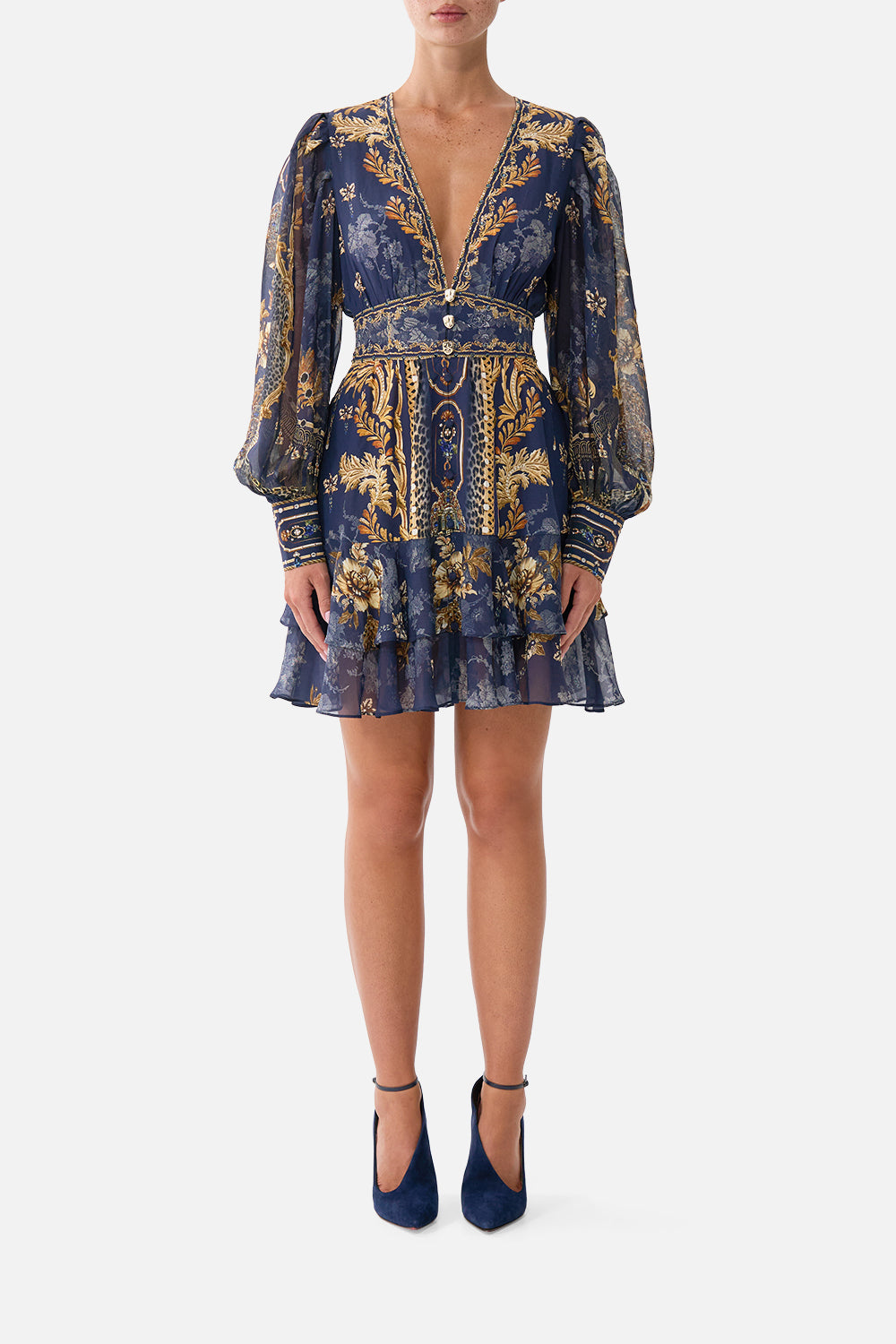 The CAMILLA Button Front Frill Dress in our Cloaked in Baroque print, front view on model.