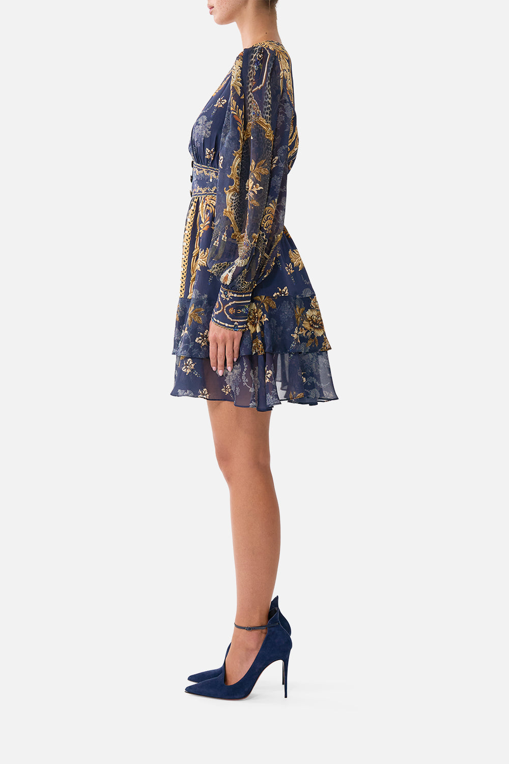 The CAMILLA Button Front Frill Dress in our Cloaked in Baroque print, side view on model.