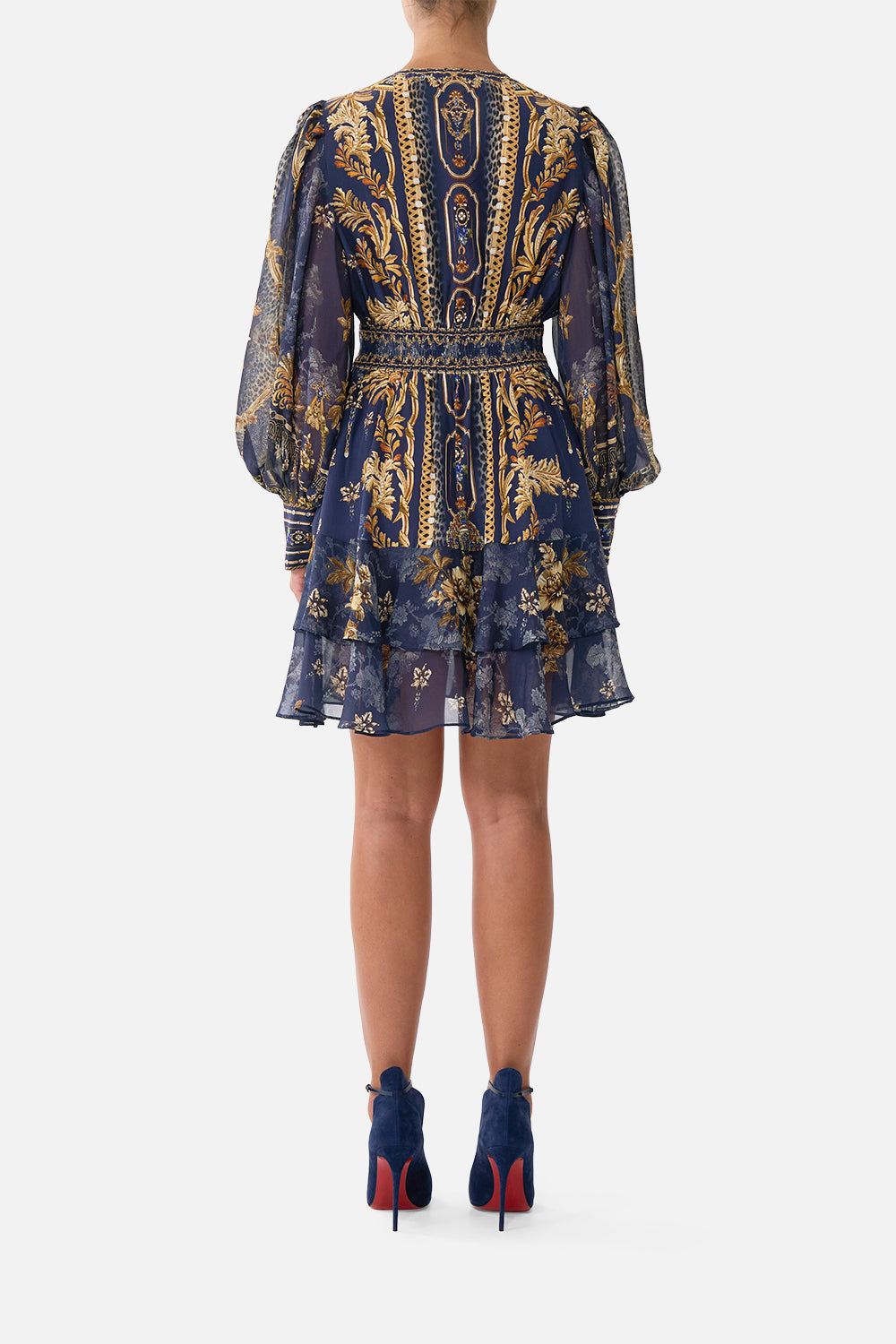 The CAMILLA Button Front Frill Dress in our Cloaked in Baroque print, back view on model.