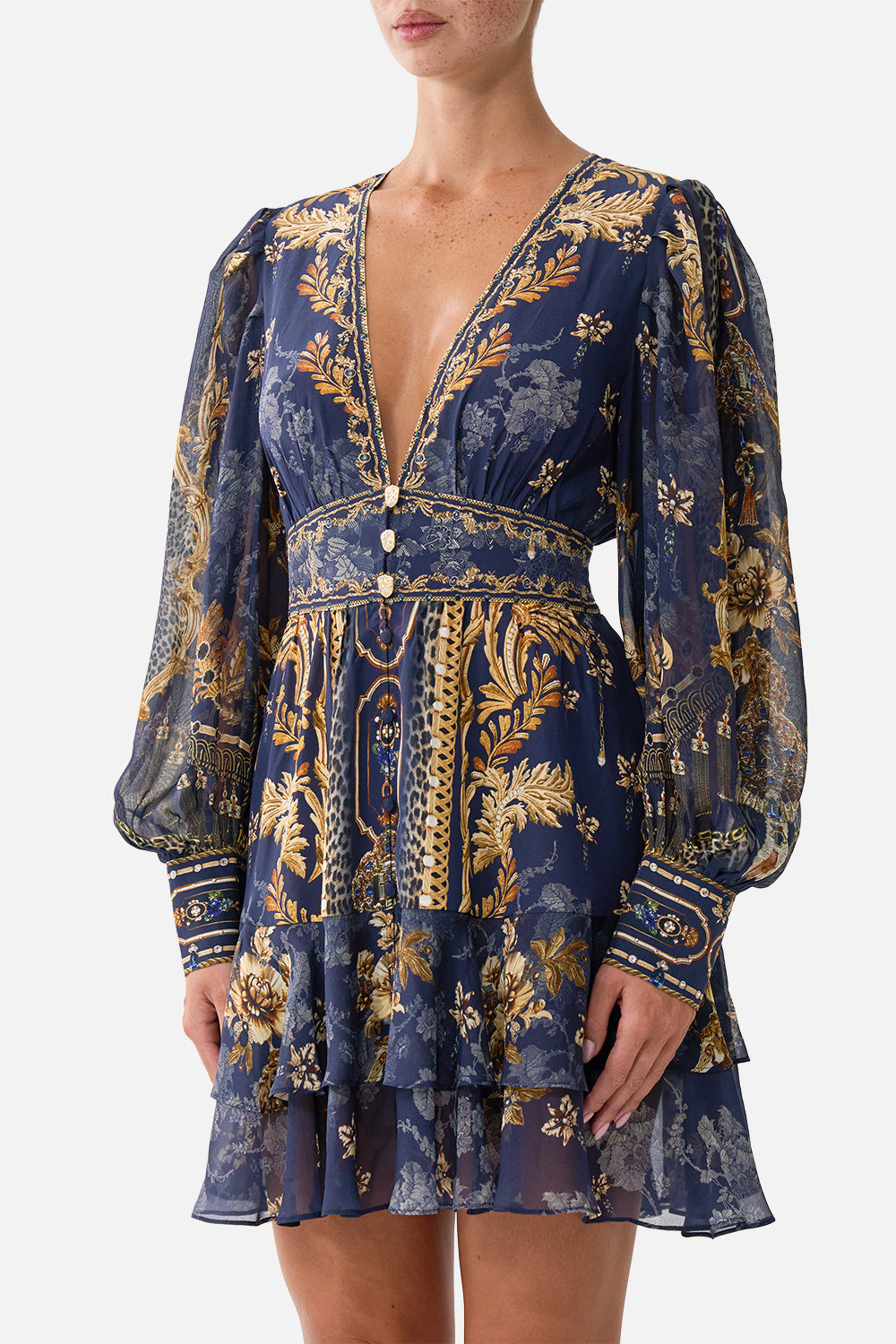 The CAMILLA Button Front Frill Dress in our Cloaked in Baroque print, detail view on model.