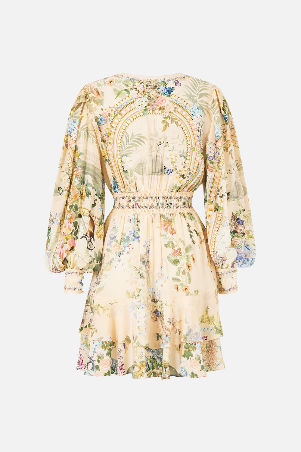 The CAMILLA Button Front Frill Dress Midsummer Masterpiece in our Midsummer Masterpiece print.