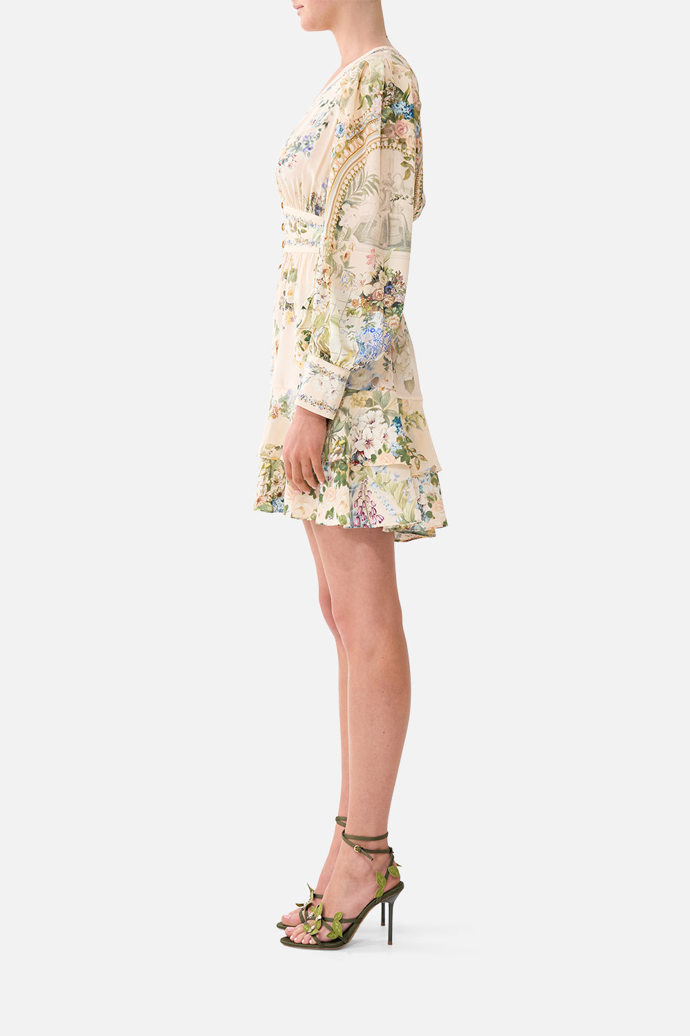 The CAMILLA Button Front Frill Dress Midsummer Masterpiece in our Midsummer Masterpiece print.