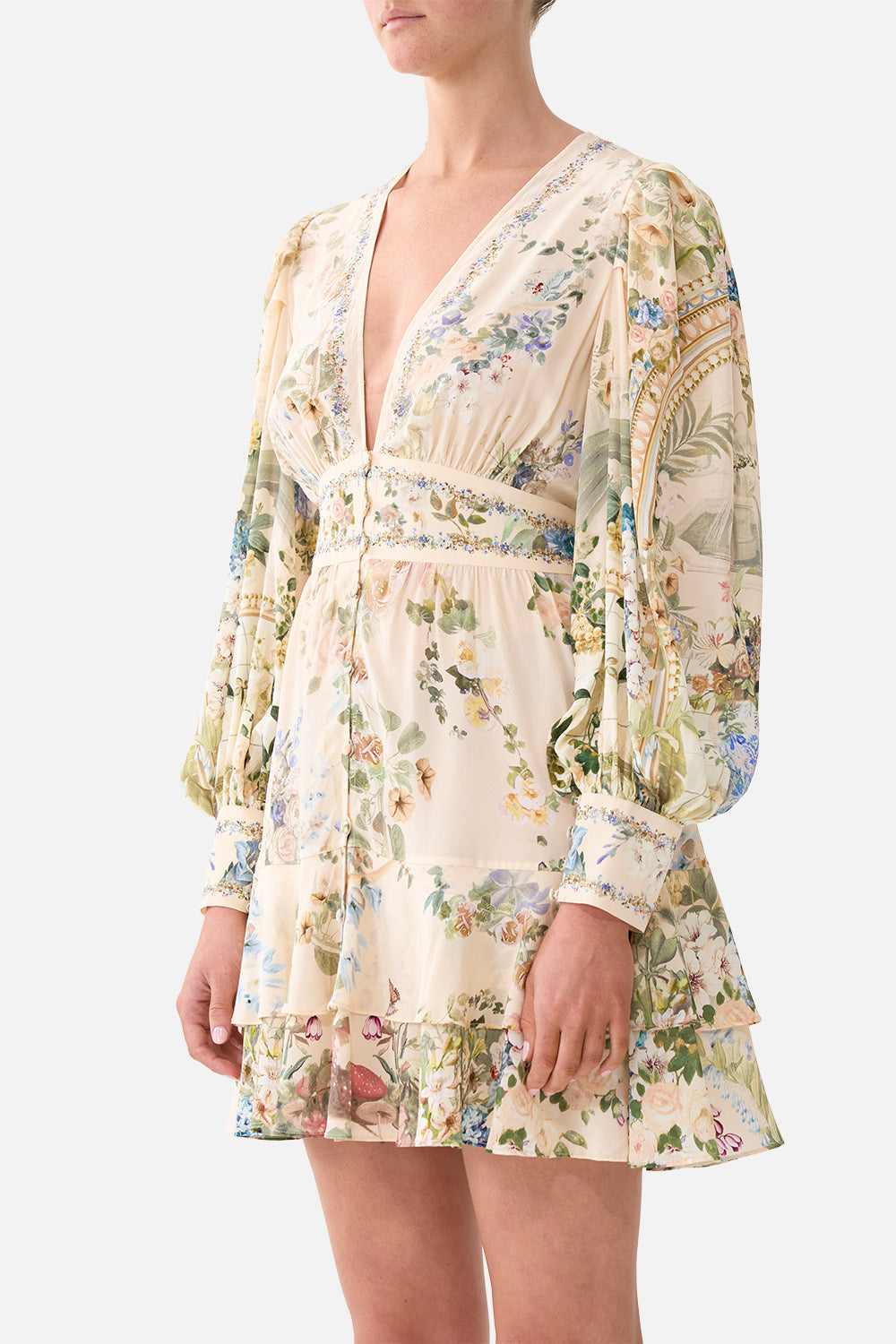 The CAMILLA Button Front Frill Dress Midsummer Masterpiece in our Midsummer Masterpiece print.