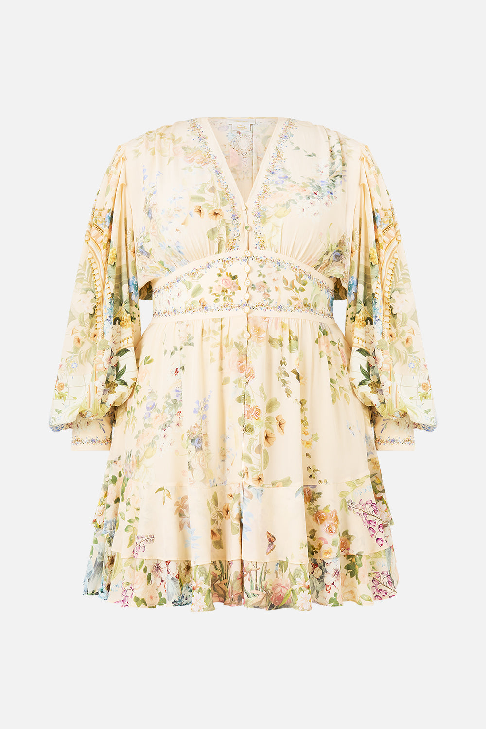 The CAMILLA Button Front Frill Dress Midsummer Masterpiece in our Midsummer Masterpiece print.