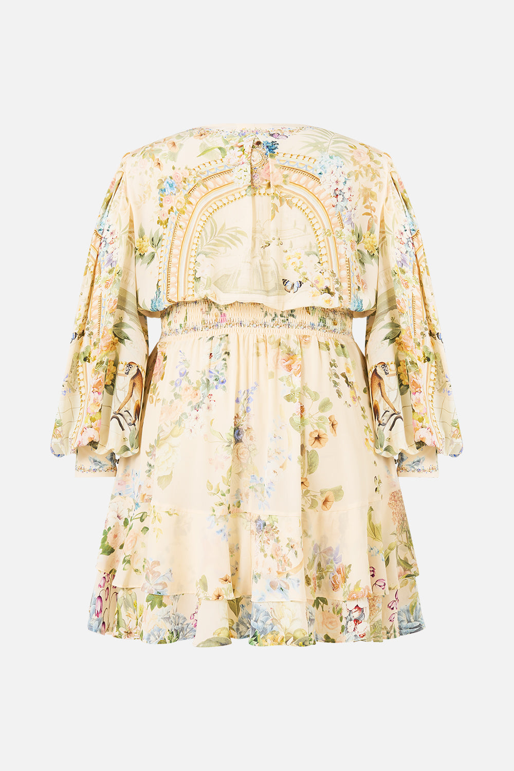 The CAMILLA Button Front Frill Dress Midsummer Masterpiece in our Midsummer Masterpiece print.