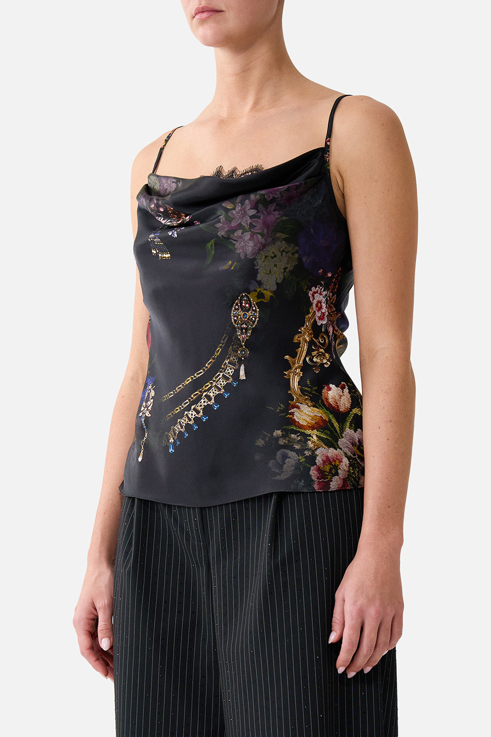 The CAMILLA COWL NECK CAMI WITH LACE NIGHT GARDEN