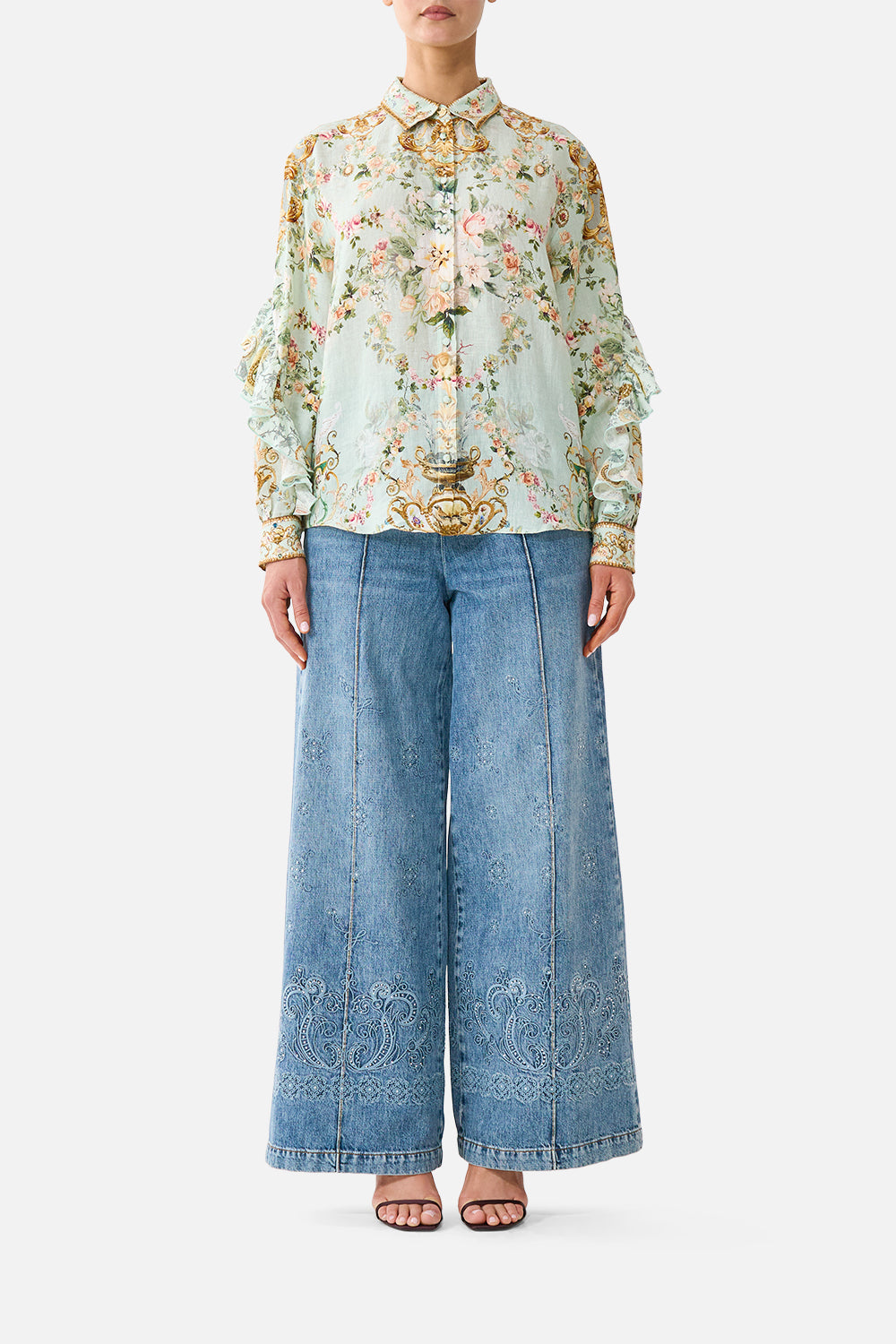 The CAMILLA BUTTON SHIRT WITH FRILL DETAIL WILDFLOWER WUNDERLANDWILDFLOWER WUNDERLAND