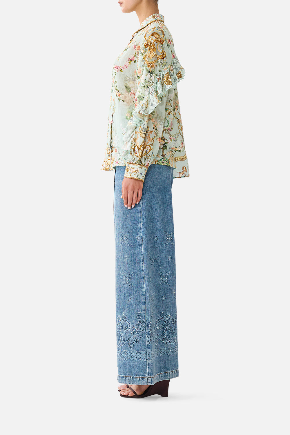 The CAMILLA BUTTON SHIRT WITH FRILL DETAIL WILDFLOWER WUNDERLAND